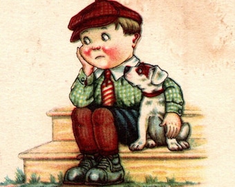 c1925 Twelvetrees ヴィンテージ ポストカード、犬と一緒に座っている悲しそうな少年、孤独、コミック、愛、チャールズ トゥエルブツリーズ、投稿、エフェメラ、ジャンク ジャーナル A2
