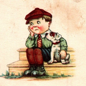 c1925 Postal vintage de Twelvetrees, Niño triste sentado con perro, Solitario, Cómic, Amor, Charles Twelvetrees, Publicado, Efímera, Diario basura A2