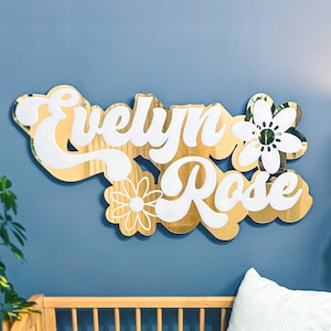 Gold Nursery Name Sign, Nursery Room Wall Decor, Floral Nursery Sign, Custom Mirror Name Signage, Nursery Birthday Gift, Girl Christmas Gift