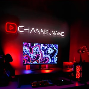 Letrero de neón con botón de reproducción de YouTube, nombre de canal personalizado, LED de neón para YouTubers, decoración de transmisión para parejas de jugadores, regalo para novias influyentes de Instagram