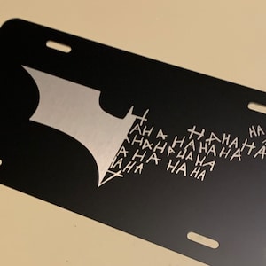 grownup batboy and jester - Black aluminum engraved vanity plate