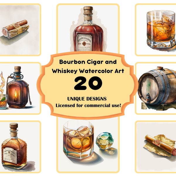 Watercolor Cigar, Bourbon, Whiskey 20 PNG Bundle, Cigar Lounge Art, Bourbon Decor art, Home Office, Gentleman Gifts for him Commercial Use