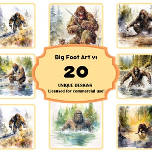 20 Bigfoot Watercolor Clipart PNG files, Instant Digital Downloads for Sasquatch Wall Art, Bigfoot Prints, Yeti Hiking Shirts Commercial Use