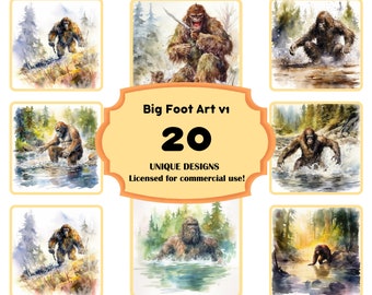 20 Bigfoot Watercolor Clipart PNG files, Instant Digital Downloads for Sasquatch Wall Art, Bigfoot Prints, Yeti Hiking Shirts Commercial Use