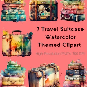 Maleta de viaje PNG Clipart, conjunto de 7 imágenes, uso comercial para invitaciones, impresión bajo demanda, tarjetas de felicitación, diarios basura