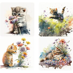 20 枚の水彩花柄猫アート PNG バンドル、猫の水彩画、おとぎ話の猫のクリップアート、ファンタジー子猫のクリップアート、春の猫、5 月の花