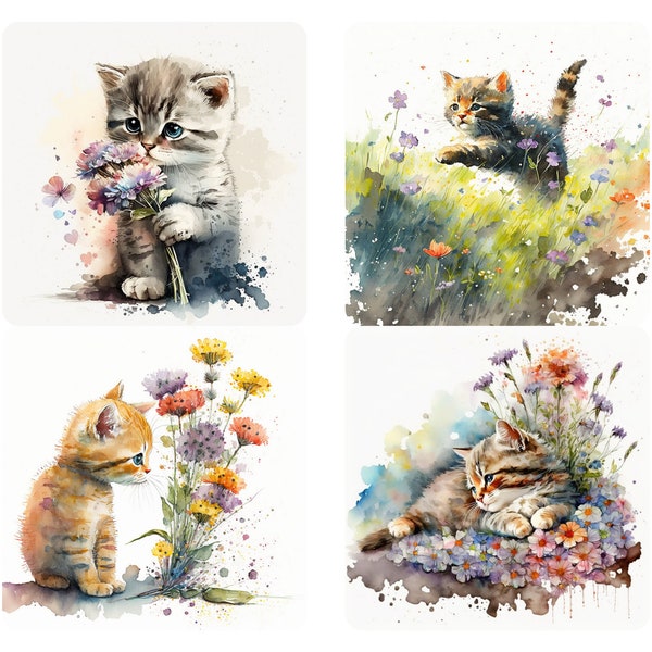20 Watercolor Floral Cats art PNG Bundle, Cat Watercolor, Fairytale Cat Clipart, Fantasy Kitten Clipart, cats with spring, may flowers