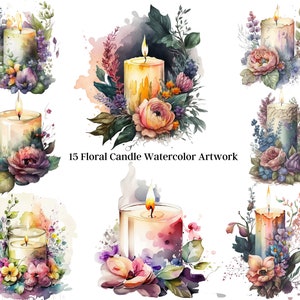 15 Aquarell Kerzen Clipart PNGs, Floral Kerze Artwork, Kerze Sublimation, Kerze Art Bundle, Instant Download, kommerzielle Nutzung erlaubt