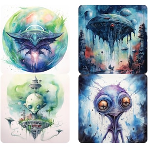 Trippy Alien Watercolor 20 PNG Bundle, Alien Face, kawaii alien clipart bundle, outer space set, alien shirt graphic, alien cut file v3