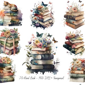 20 Floral Book Set PNG&#39;s - Pile Of Books Flower Clipart, Artwork PNG Digital Printable Download, Flower Book 300 DPI Watercolor Art Set