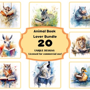 Animal Book Lovers 20 PNG Watercolor Bundle, Reading Animals Clip Art, Fantasy Reading Clipart, Reading Book Animals Nursery Commercial Use