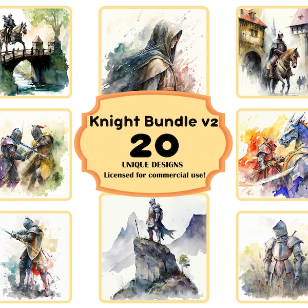 20 Medieval Watercolor Art v2, Knight Art, 300 DPI PNGs, High Resolution, Knights in Amour, Knight Headshots, Knight on Horseback Bundle