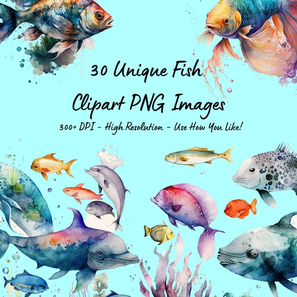 30 Fisch-Aquarell-Clipart-Bilder - Fisch-Kunst - Herunterladbare Druckbilder - Aquatische Bilder - Meer-Clipart - Fisch PNG - Meerestier-Bilder