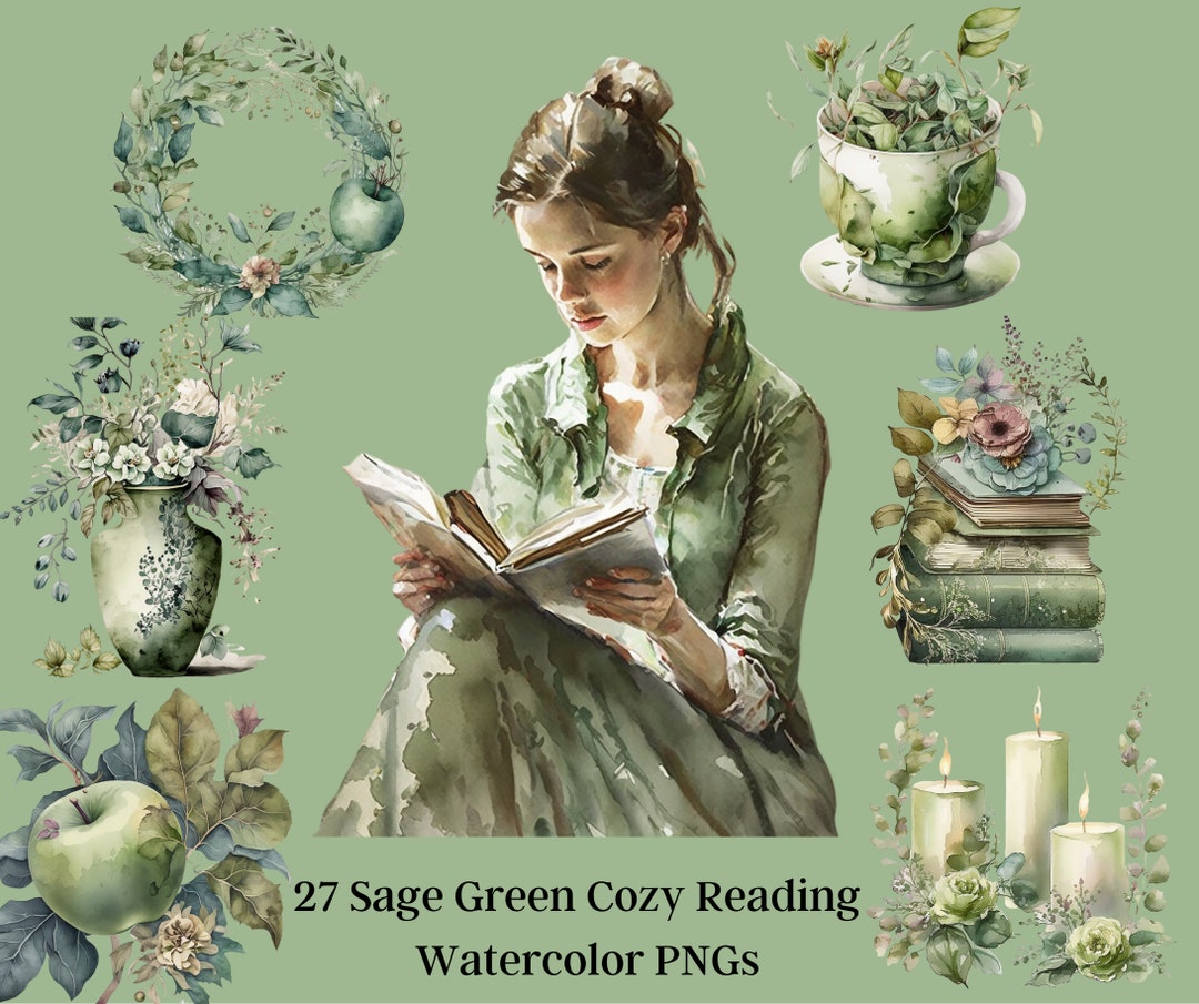 Watercolour Sage Green 27 Clipart Pngs, Bookworm Set Clipart Bundle, Bookshelf, Bookcase, Sage