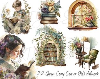 Cozy Home PNG Clipart, Conservatory Reading Nook Design, PNG, Watercolor planner clipart, Comfy Reading, Instant Download, Commercial Use