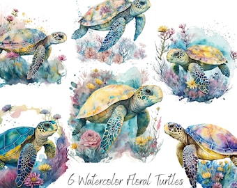 6 Floral Turtle themed PNG clipart - Instant download ready, sea animal PNG, turtle PNG, sublimate design 300 dpi Commercial Use