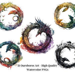 Ouroboros Ring Clipart PNGs, Schlangenring, Silberne Schlange, schwarze Schlange Kunst, Ouroboros Kunst, Aquarell Schlange, Boho Schlangenring, Tod und Wiedergeburt