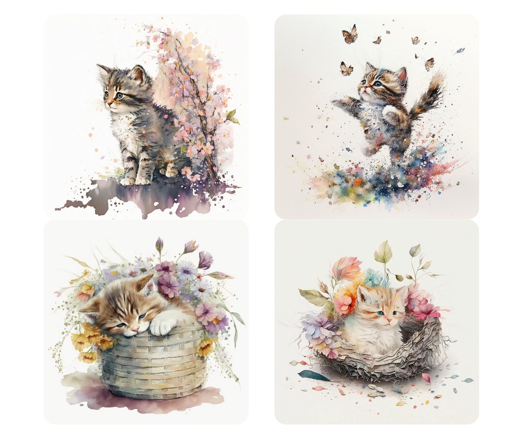 20 Watercolor Floral Cats Clipart PNG Bundle, Cat Watercolor, Fairytale ...