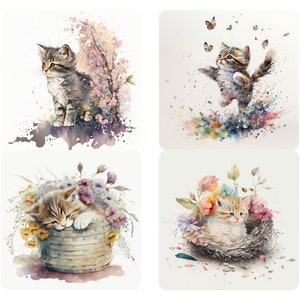 20 Watercolor Floral Cats Clipart PNG Bundle, Cat Watercolor, Fairytale Cat Clipart, Fantasy Kitten Clipart, cats with spring, may flowers