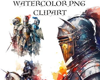 20 Medieval Watercolor Art, Knight Art, 300 DPI PNG Photos, High Resolution, Knights in Amour, Knight Headshots, Knight on Horseback Bundle