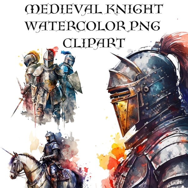 20 Medieval Watercolor Art, Knight Art, 300 DPI PNG Photos, High Resolution, Knights in Amour, Knight Headshots, Knight on Horseback Bundle