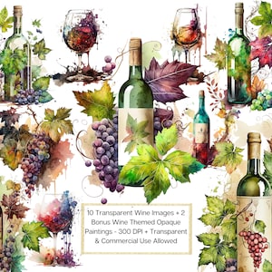 12 cliparts transparents aquarelle vin + 2 peintures opaques en prime - oeuvre d'art vin rouge et vin blanc à téléchargement immédiat usage Commercial