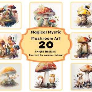 Bundle magique de champignons mystiques aquarelle 20 PNG, champignons occultes, rêveur, trippant, occulte, nature, champignon vénéneux, forêt, usage commercial