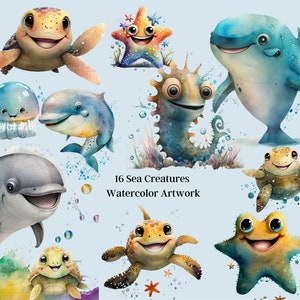 16 Sea Creature Watercolor Clipart PNGs, Sealife Art, Sea Creature Wall Art Commercial Use Allowed