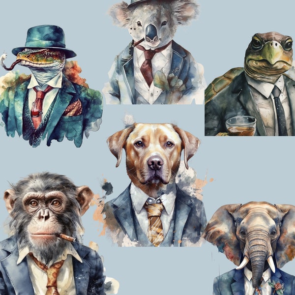 46 Animals in Suits - Animals With Cigars - Mix of Portraits & Full body Images - Aristocratic Animals - 300 DPI With Transparent and Opaque