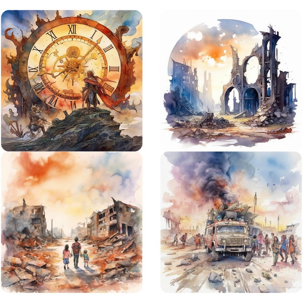 Post Apocalyptic Art Aquarell PNG Bundle, dunkle Kunstwerke, verlassene Kunst, gruselige Kunstwerke, Atomkriegsszenen, sofortiger Download kommerzielle Nutzung