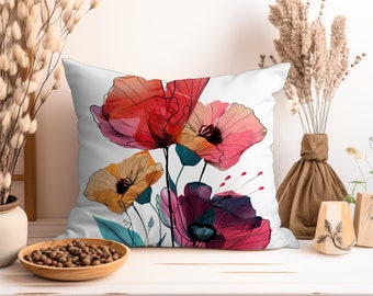 Floral Poppies Pillow Gift for Wedding Throw Pillow Window Seat Cushion Watercolor Flowers Pillow Home Decor Gift
