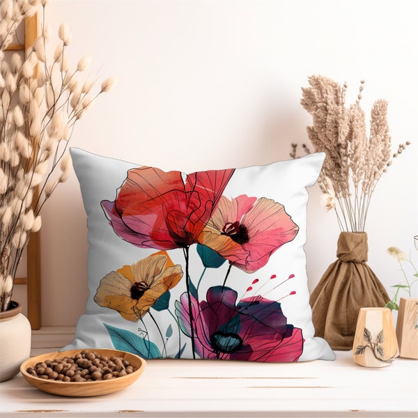 Floral Poppies Pillow Gift for Wedding Throw Pillow Window Seat Cushion Watercolor Flowers Pillow Home Decor Gift