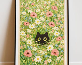 Black Whimsical Cat Flower Field Print, Vintage Botanical Poster, Nursery Decor (Digital Download)
