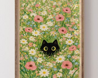 Black Cat Wall Art: Cozy Flower Field Scene (Digital Download)