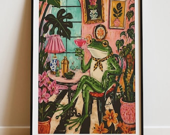 Frog Art Print: Whimsical Bar Cart Scene (Digital Download)