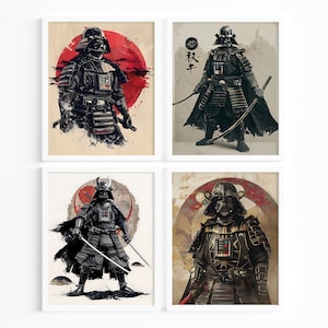 Star Wars Set von 4 druckbare Wandkunst, Star Wars Geschenk, Star Wars Druck, Star Wars Samurai Druck, Darth Vader Japanischer Samurai Poster