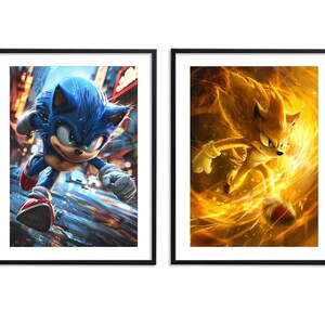 May include: Two framed illustrations of Sonic the Hedgehog characters. The left image shows Sonic in blue running through a city street. The right image shows a yellow and orange Super Sonic running through a fiery background.