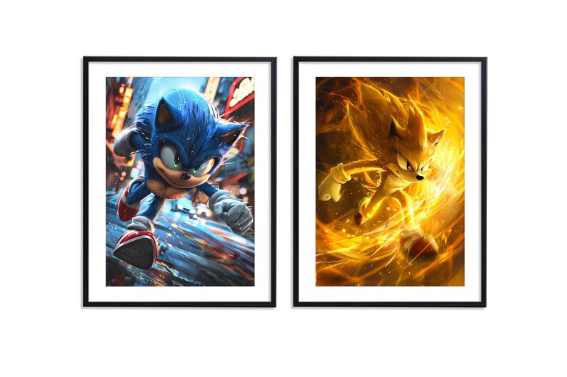 May include: Two framed illustrations of Sonic the Hedgehog characters. The left image shows Sonic in blue running through a city street. The right image shows a yellow and orange Super Sonic running through a fiery background.