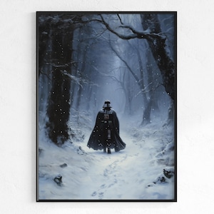 Póster de Darth Vader PNG, arte invernal de Star Wars, impresión de pared con bosque nevado, retrato de acuarela del lado oscuro, arte de escena nocturna mística, PNG digital