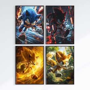 Sonic Hedgehog Prints, Set of 4 Watercolor Posters, Sonic Game Poster Printable, Shadow, Tails, Knuckles Poster, Sonic Poster, Digital Print