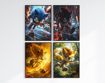 Impressões em aquarela do Sonic the Hedgehog: conjunto de 4 (impressão digital)