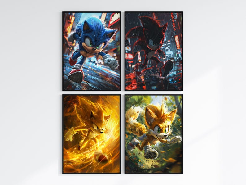 May include: Four framed illustrations of characters from the Sonic the Hedgehog movie franchise. The top left image shows Sonic running through a city street. The top right image shows Shadow the Hedgehog standing in a city street. The bottom left image shows Knuckles running through a fiery orange background. The bottom right image shows Tails running through a green forest.