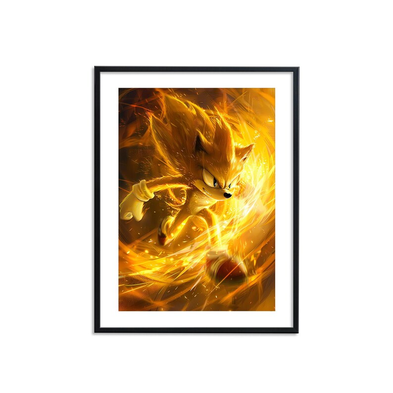 May include: A digital illustration of a yellow and orange hedgehog character with a fiery aura, running with a football in hand.