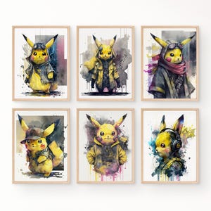 Cyberpunk Pokemo Poster Set of 6, Watercolor Pokemo Paintings, Pika, Pokemo Png, Anime Poster, Room Decor for Teens, Digital Download