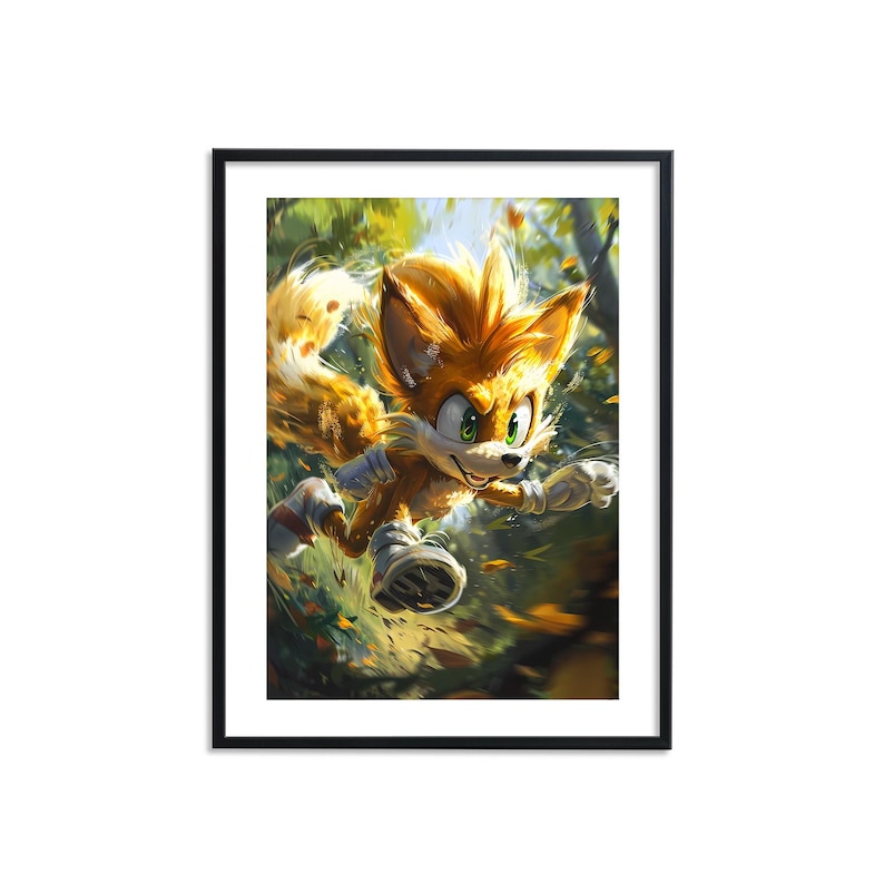 May include: A cartoon fox character with orange fur and a white muzzle runs through a forest. The fox has a green eye and a white tip on its tail. The background is a blurred image of green leaves and sunlight.