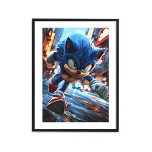 May include: A blue and red cartoon character, Sonic the Hedgehog, runs through a city street. He is wearing red shoes and has a determined expression on his face.