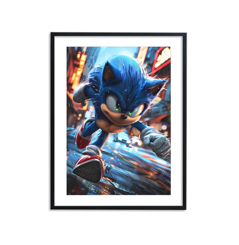 May include: A blue and red cartoon character, Sonic the Hedgehog, runs through a city street. He is wearing red shoes and has a determined expression on his face.