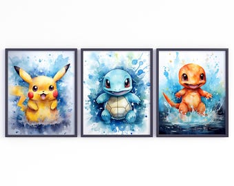 Conjunto de 4 pôsteres de Pokémon, impressões em aquarela, arte de Pokémon, impressão de Pokémon, presente de Pokémon, PNG de Pokémon, decoração de quarto de bebê, download digital