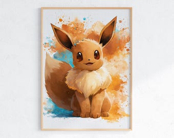 Eevee Watercolor Poster, Pokemo Printable Wall Art,  Digital Download Poster, Cute Nursery Bedroom Decor Print, Anime Gift for Kids
