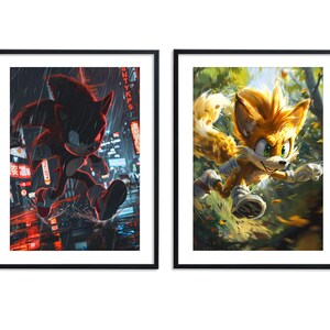 May include: Two framed illustrations of Sonic the Hedgehog characters. The left image shows Shadow the Hedgehog running through a city at night. The right image shows Tails running through a forest.